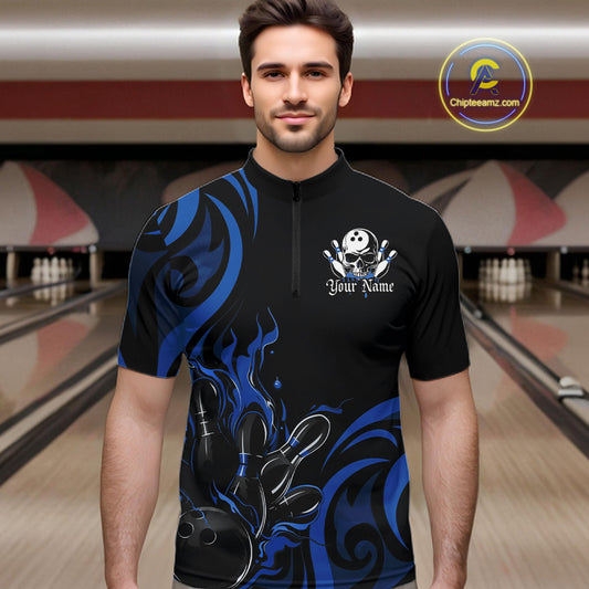 Custom Black And Blue Tribal Flame Bowling Men Shirt, Bowling League Shirt Team Jerseys IPHW10740