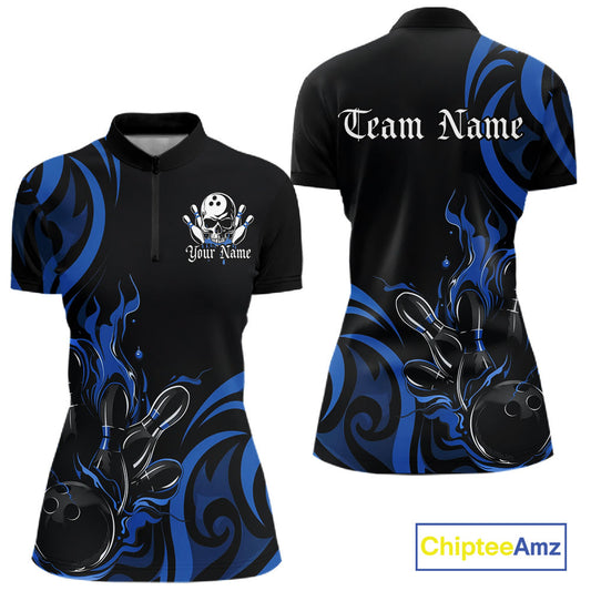Custom Black And Blue Tribal Flame Bowling Women Shirt, Bowling League Team Jerseys IPHW10740