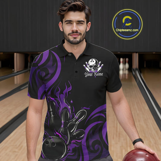 Custom Black And Purple Tribal Flame Bowling Men Shirt, Bowling League Shirt Team Jerseys IPHW10741