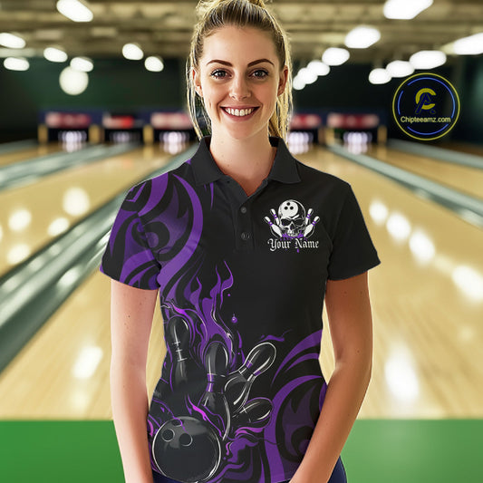 Custom Black And Purple Tribal Flame Bowling Women Shirt, Bowling League Shirt Team Jerseys IPHW10741
