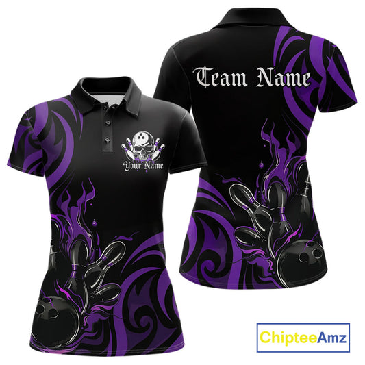 Custom Black And Purple Tribal Flame Bowling Women Shirt, Bowling League Shirt Team Jerseys IPHW10741