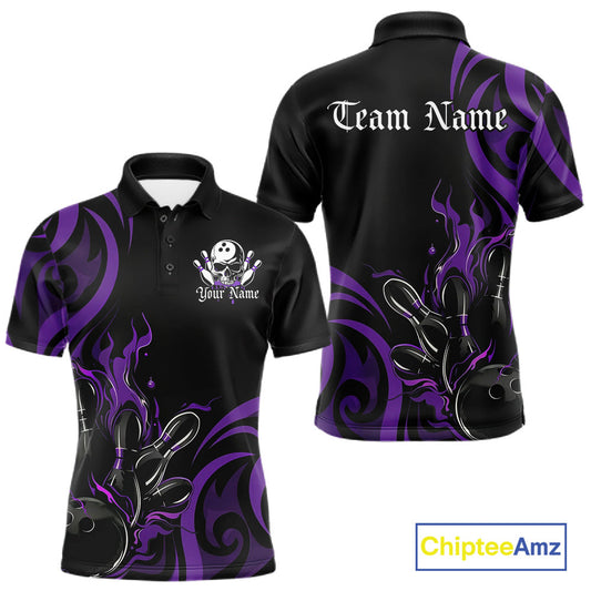 Custom Black And Purple Tribal Flame Bowling Men Shirt, Bowling League Shirt Team Jerseys IPHW10741