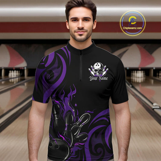 Custom Black And Purple Tribal Flame Bowling Men Shirt, Bowling League Shirt Team Jerseys IPHW10741