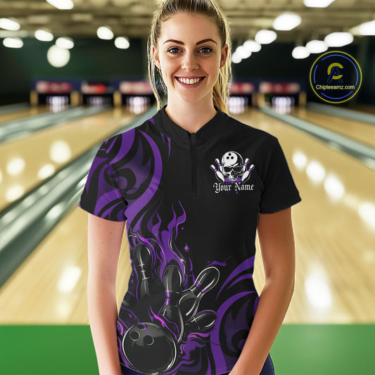 Custom Black And Purple Tribal Flame Bowling Women Shirt, Bowling League Team Jerseys IPHW10741