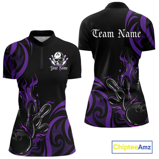 Custom Black And Purple Tribal Flame Bowling Women Shirt, Bowling League Team Jerseys IPHW10741