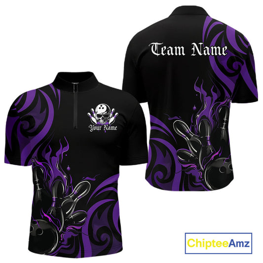 Custom Black And Purple Tribal Flame Bowling Men Shirt, Bowling League Shirt Team Jerseys IPHW10741