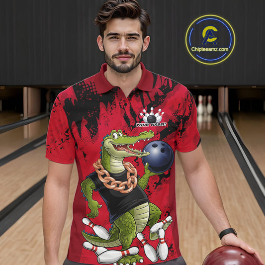 Red Custom Funny Alligator Bowling Men Polo Shirt, Bowling Team Jerseys Bowler Outfit IPHW10772