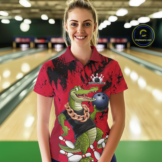 Red Custom Funny Alligator Bowling Women Polo Shirt, Bowling Team Jerseys Bowler Outfit IPHW10772