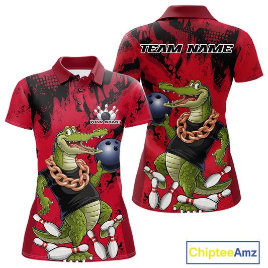 Red Custom Funny Alligator Bowling Women Polo Shirt, Bowling Team Jerseys Bowler Outfit IPHW10772