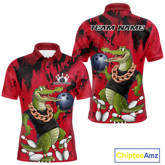 Red Custom Funny Alligator Bowling Men Polo Shirt, Bowling Team Jerseys Bowler Outfit IPHW10772