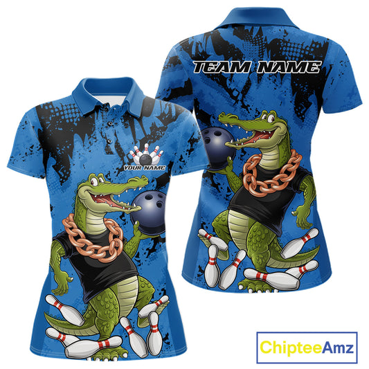 Blue Custom Funny Alligator Bowling Women Polo Shirt, Bowling Team Jerseys Bowler Outfit IPHW10773