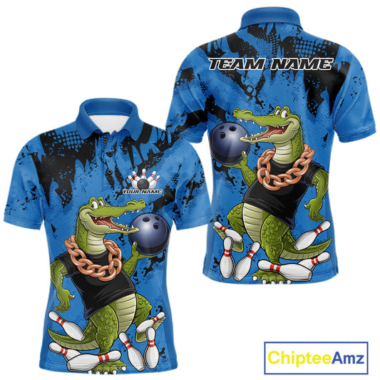 Blue Custom Funny Alligator Bowling Men Polo Shirt, Bowling Team Jerseys Bowler Outfit IPHW10773