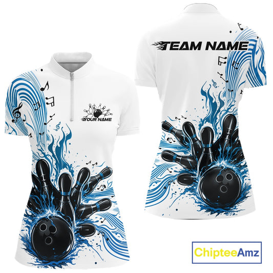 Front and back views of a white and blue womens bowling quarter-zip shirt featuring a bowling ball striking pins with music note waves.