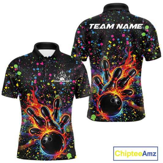 Front and back views of a black mens bowling polo shirt showcasing a flaming bowling ball striking pins with colorful paint splatter graphics.