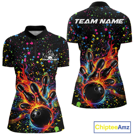 Front and back views of a black womens bowling quarter-zip shirt showcasing a flaming bowling ball and colorful paint splatter music theme.