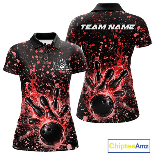 Front and back views of a black womens bowling polo shirt featuring flaming bowling artwork with red paint splatter accents.