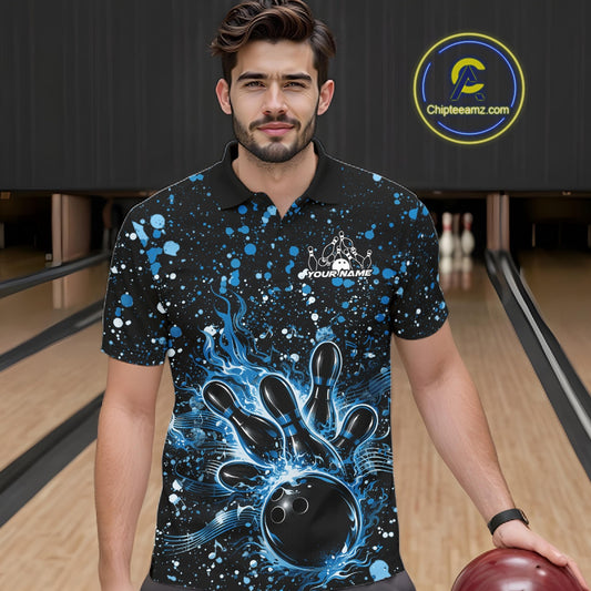 Male model wearing a black bowling polo shirt at the lane with blue music-themed splatter accents and bowling graphics.