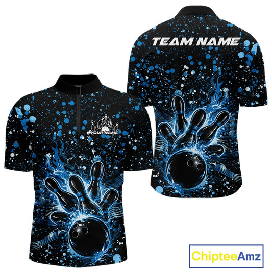 Front and back views of a black mens bowling quarter-zip shirt showcasing a flaming bowling ball striking pins with blue paint splatter graphics.