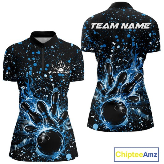 Front and back views of a black womens bowling quarter-zip shirt with a flaming bowling ball striking pins and blue paint splatter music theme.