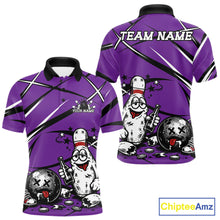 Load image into Gallery viewer, Purple Bowling shirt with funny drunk bowling ball and pins cartoon design