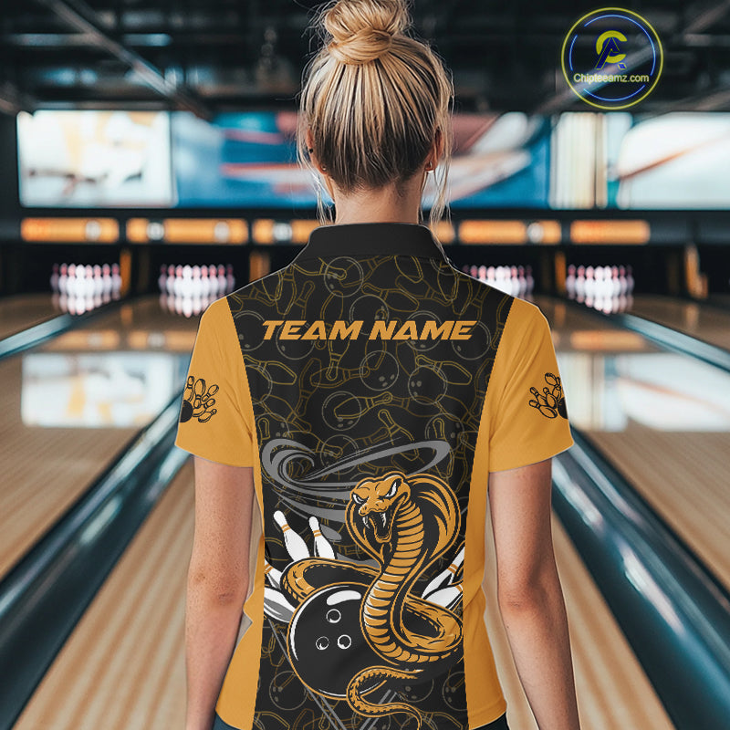 Custom Yellow Cobra Snake Bowling Team Women Polo Shirts, Bowling Pattern Shirt IPHW9703