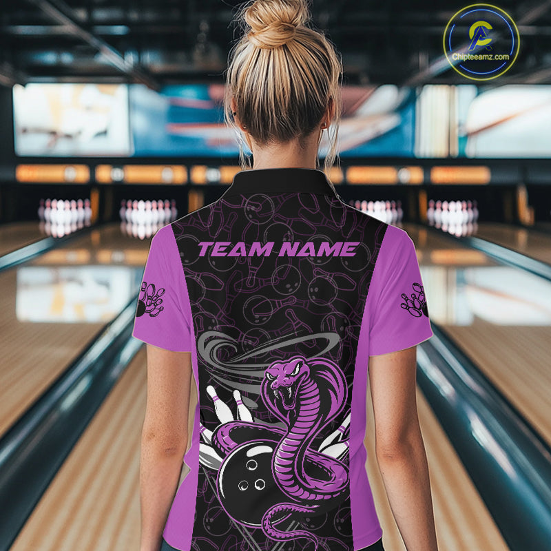 Custom Purple Cobra Snake Bowling Team Women Quarter-Zip Shirts, Bowling Pattern Shirt IPHW9705