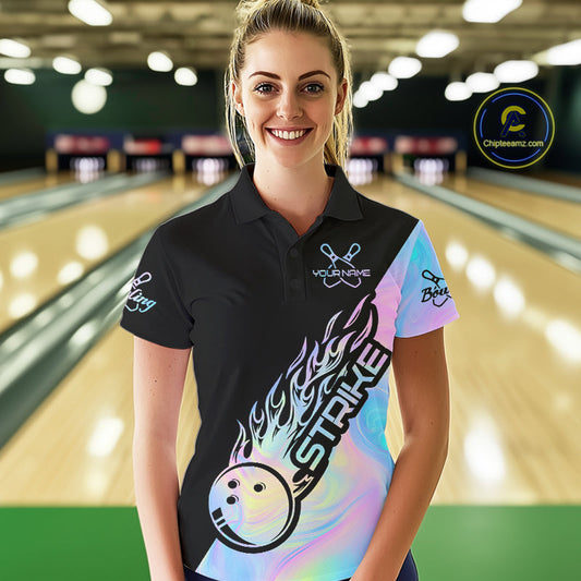 Custom Hologram Flame Strike Bowling Polo Shirts For Women, Bowling Team Bowler Outfit IPHW9859