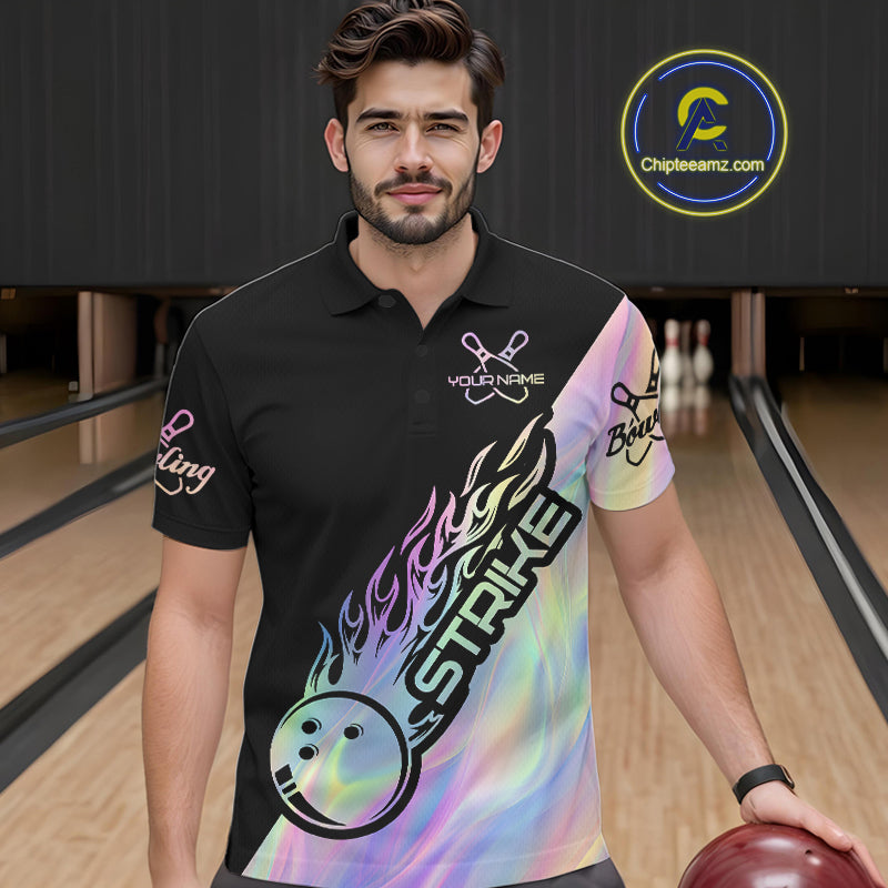 Custom Hologram Flame Strike Bowling Polo Shirts For Men, Bowling Team Bowler Outfit IPHW9860