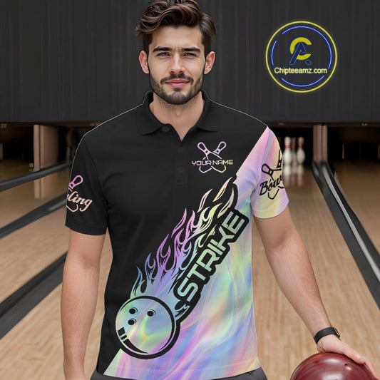 Custom Hologram Flame Strike Bowling Polo Shirts For Men, Bowling Team Bowler Outfit IPHW9860