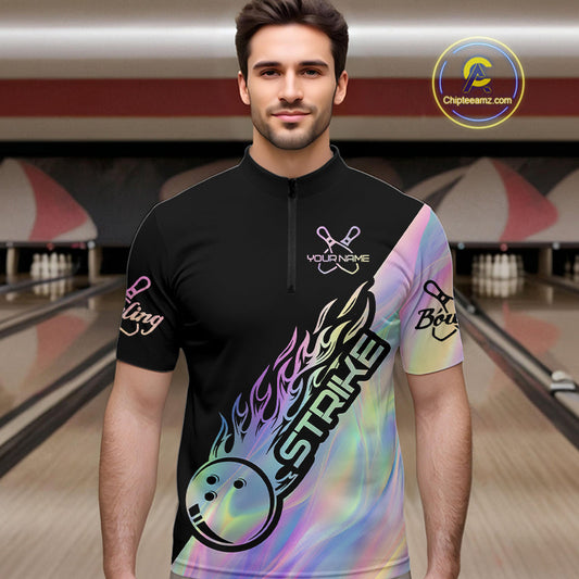 Custom Hologram Flame Strike Bowling Quarter-Zip Shirts For Men, Bowling Team Bowler Outfit IPHW9860