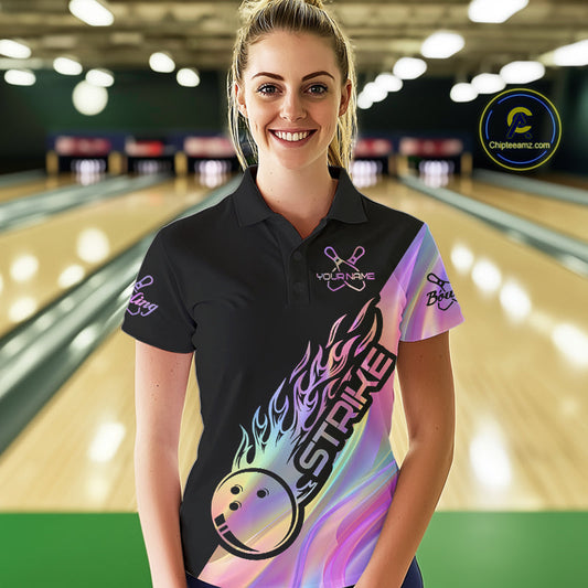 Custom Hologram Flame Strike Bowling Polo Shirts For Women, Bowling Team Bowler Outfit IPHW9861