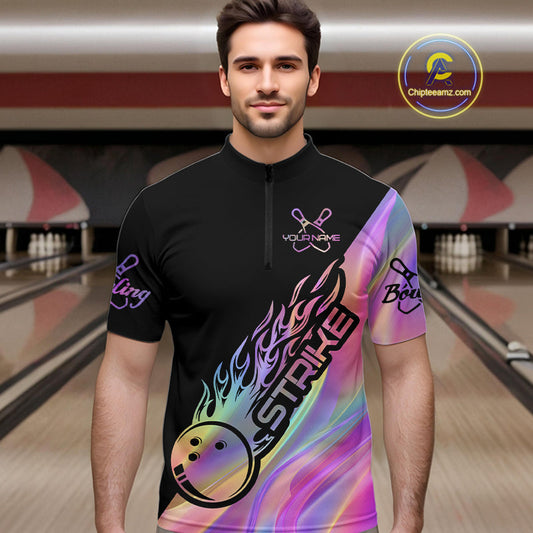 Custom Hologram Flame Strike Bowling Quarter-Zip Shirts For Men, Bowling Team Bowler Outfit IPHW9861