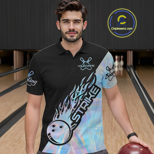 Custom Hologram Flame Strike Bowling Men Polo Shirt, Holographic Icy Crystal Bowling Shirt IPHW9862