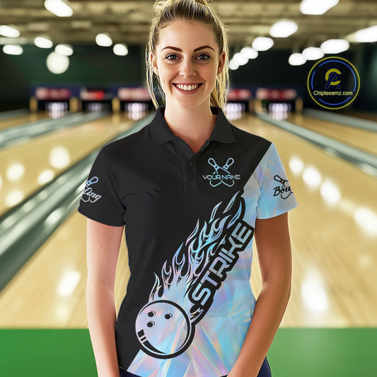 Custom Hologram Flame Strike Bowling Women Polo Shirt, Icy Crystal Bowling Shirt IPHW9862