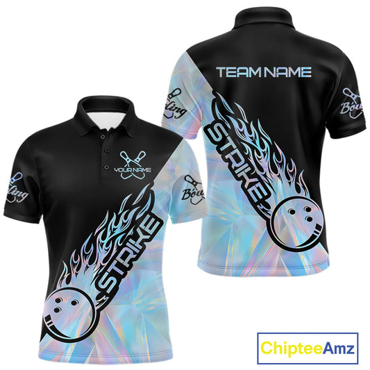 Custom Hologram Flame Strike Bowling Men Polo Shirt, Holographic Icy Crystal Bowling Shirt IPHW9862