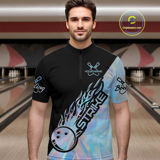 Custom Hologram Flame Strike Bowling Men Quarter-Zip Shirt, Holographic Icy Crystal Bowling Shirt IPHW9862