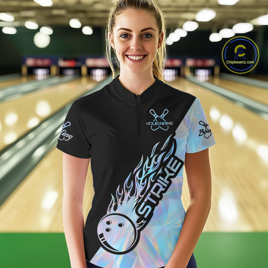 Custom Hologram Flame Strike Bowling Women Quarter-Zip Shirt, Icy Crystal Bowling Shirt IPHW9862