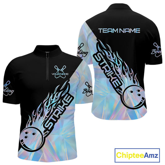 Custom Hologram Flame Strike Bowling Men Quarter-Zip Shirt, Holographic Icy Crystal Bowling Shirt IPHW9862