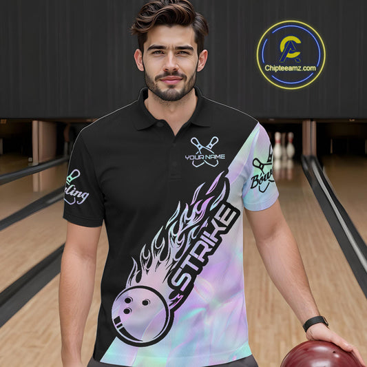 Custom Hologram Flame Strike Bowling Men Polo Shirt, Holographic Icy Crystal Bowling Shirt IPHW9863