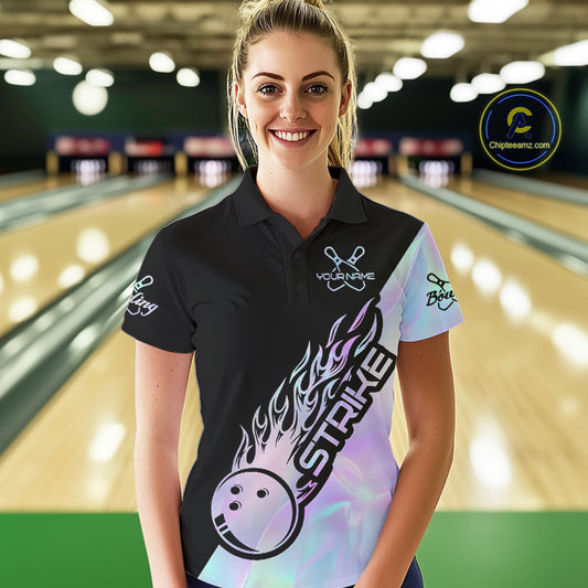 Custom Hologram Flame Strike Bowling Women Polo Shirt, Icy Crystal Bowling Shirt IPHW9863