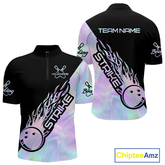 Custom Hologram Flame Strike Bowling Men Quarter-Zip Shirt, Holographic Icy Crystal Bowling Shirt IPHW9863