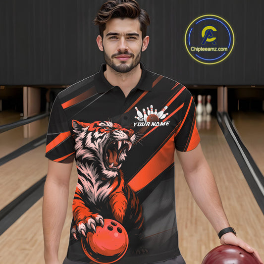 Custom Black And Orange Tiger Bowling Team Men Shirt, Bowling League Shirt Bowler Uniform IPHW10776