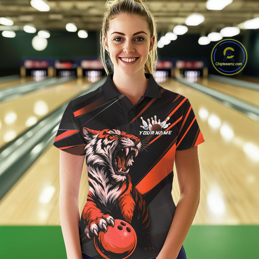 Custom Black And Orange Tiger Bowling Team Women Shirt, Bowling League Shirt Bowler Uniform IPHW10776