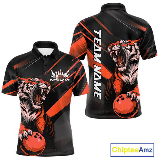 Custom Black And Orange Tiger Bowling Team Men Shirt, Bowling League Shirt Bowler Uniform IPHW10776