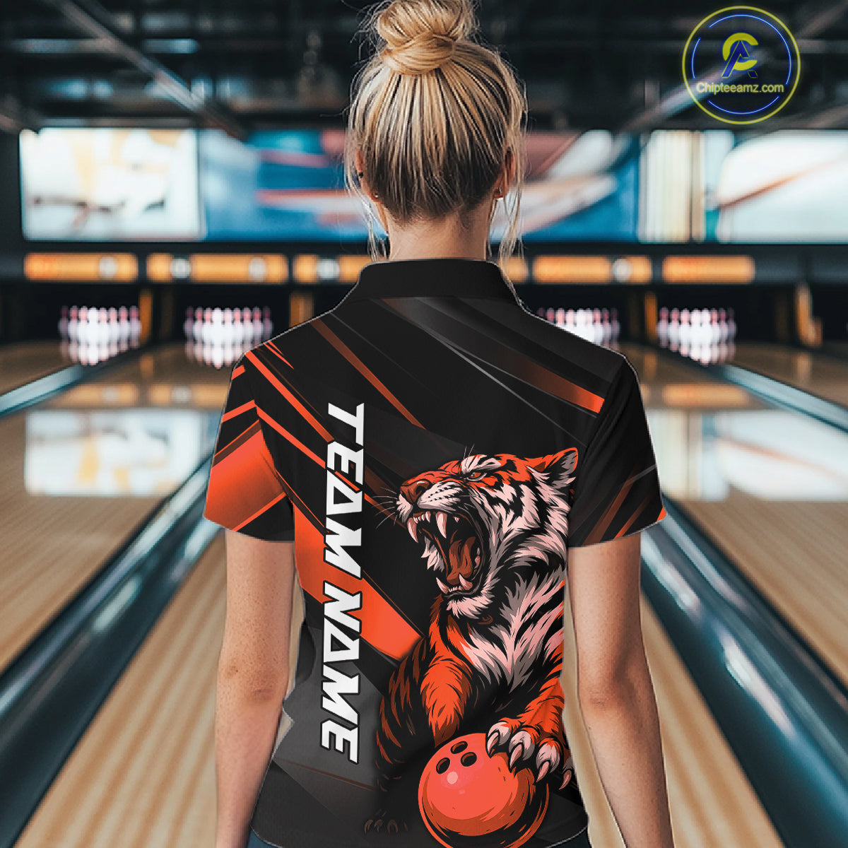 Custom Black And Orange Tiger Bowling Women Shirt, Bowling League Shirt Bowler Uniform IPHW10776