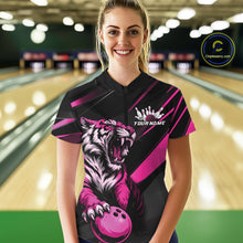 Load image into Gallery viewer, Custom Black And Pink Tiger Bowling Women Shirt, Bowling League Shirt Bowler Uniform IPHW10777