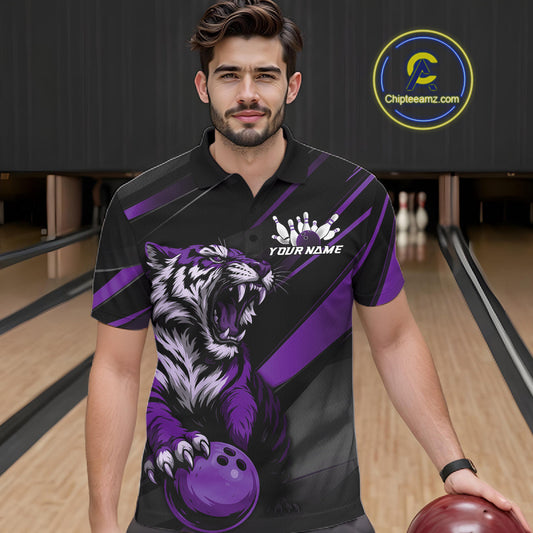 Custom Black And Purple Tiger Bowling Team Men Shirt, Bowling League Shirt Bowler Uniform IPHW10778