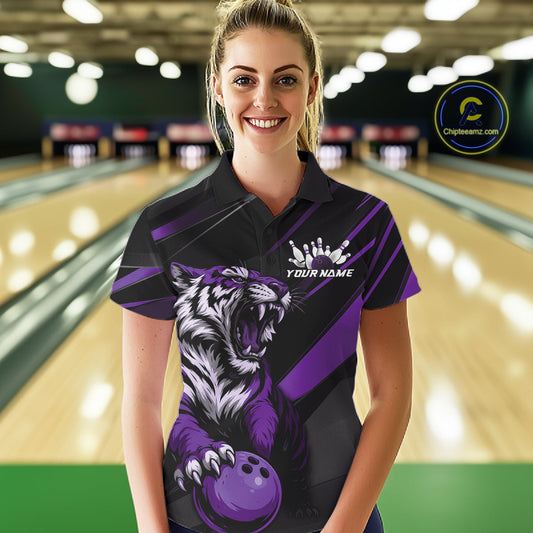 Custom Black And Purple Tiger Bowling Team Women Shirt, Bowling League Shirt Bowler Uniform IPHW10778