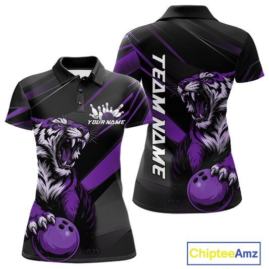 Custom Black And Purple Tiger Bowling Team Women Shirt, Bowling League Shirt Bowler Uniform IPHW10778