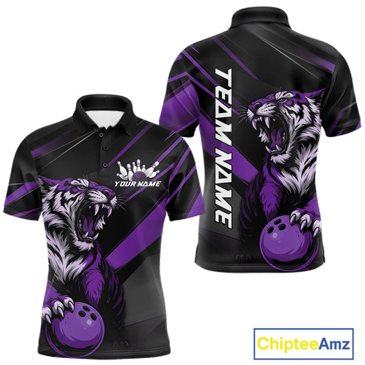 Custom Black And Purple Tiger Bowling Team Men Shirt, Bowling League Shirt Bowler Uniform IPHW10778